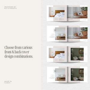 May include: Four different cover designs for a book or magazine. Each cover features a different color scheme and a photo of a room with a bed and a couch. The text on the cover reads "BRIXTON".