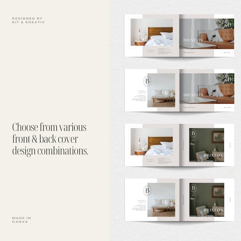 May include: Four different cover designs for a book or magazine. Each cover features a different color scheme and a photo of a room with a bed and a couch. The text on the cover reads "BRIXTON".