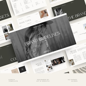 Peut inclure: Un ensemble de directives de marque numériques présentées sur plusieurs pages blanches et gris foncé. La page centrale affiche "BRAND GUIDELINES" sur une photo en noir et blanc d'une femme. D'autres pages incluent "IMAGE TYPES" et "SOCIAL MEDIA".