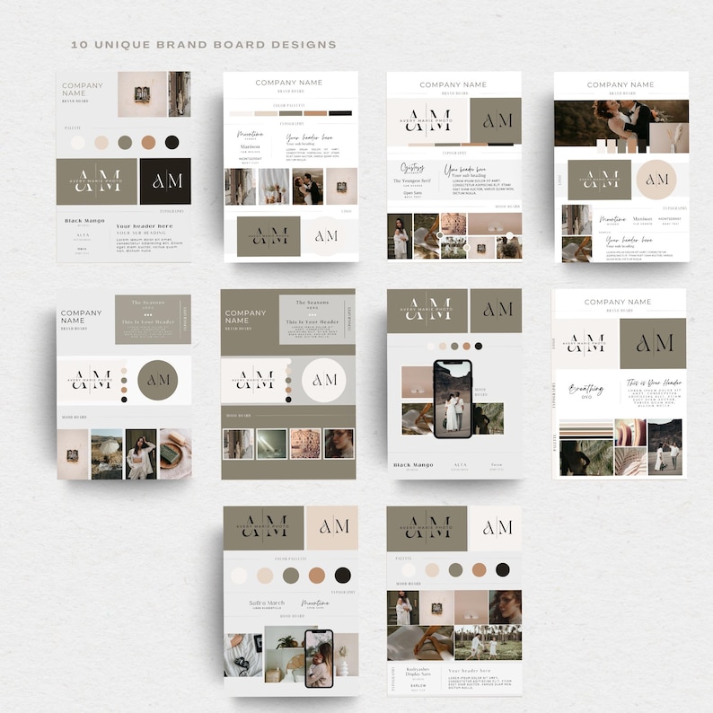 May include: Ten unique brand board designs featuring a minimalist aesthetic with a neutral color palette of beige, brown, and black. Each design includes a logo, color palette, and mood board with images of nature, architecture, and lifestyle.
