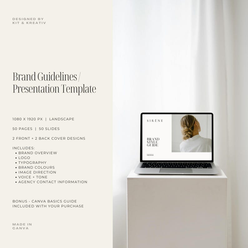 Peut inclure: Une maquette d'ordinateur portable sur fond blanc. L'&eacute;cran affiche un guide de style de marque avec le texte "SIRENE" et "BRAND STYLE GUIDE".
