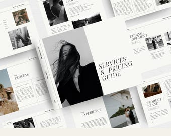 May include: A black and white photography services and pricing guide with a minimalist design. The guide includes sections for the process, the experience, wedding elopement, and product branding. The guide is designed by Kit & Kreativ and includes 51 pages and 20 inside spreads.