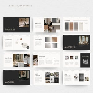 May include: A presentation slide deck with the title "Page - Slide Samples". The slides showcase brand colors, color gradients, image direction, image types, brand imagery, social media feed, and social media stories. The slides are designed in a minimalist style with black and white text and images.