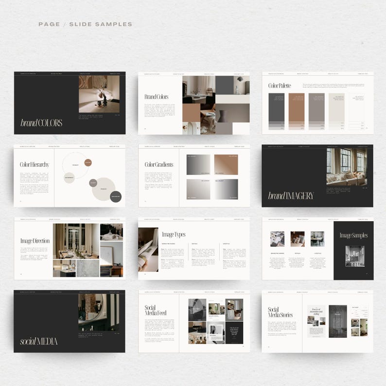 May include: A presentation slide deck with the title "Page - Slide Samples". The slides showcase brand colors, color gradients, image direction, image types, brand imagery, social media feed, and social media stories. The slides are designed in a minimalist style with black and white text and images.