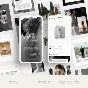 Puede incluir: Una colección de plantillas de publicaciones en redes sociales para fotógrafos y videógrafos de bodas. Las plantillas están diseñadas en un estilo minimalista con colores blanco y negro. El texto en las plantillas incluye "We're currently booking", "Explore Our Process" y "Studio Minis".