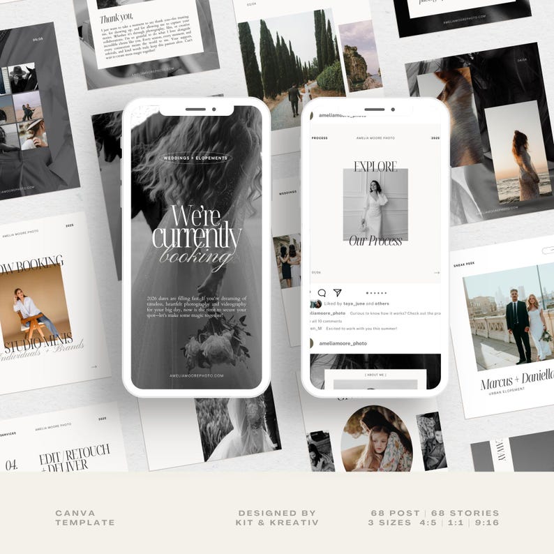 May include: A collection of social media post templates for wedding photographers and videographers. The templates are designed in a minimalist style with black and white colours. The text on the templates includes "We're currently booking", "Explore Our Process", and "Studio Minis".