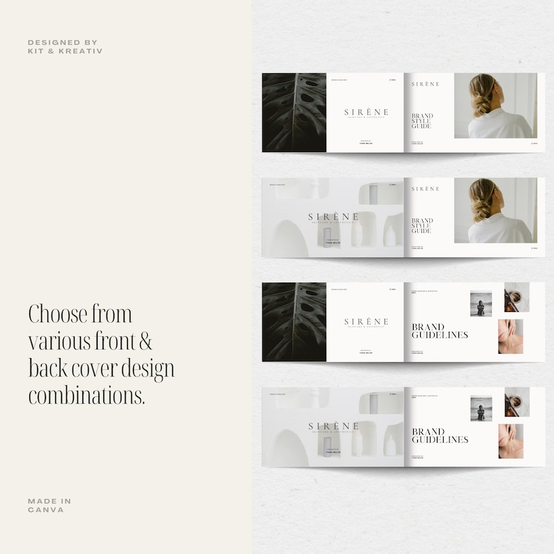 Peut inclure: Quatre designs de couverture diff&eacute;rents pour un guide de style de marque. Chaque design pr&eacute;sente un fond blanc avec le mot "SIRENE" en texte noir. Les couvertures pr&eacute;sentent &eacute;galement une vari&eacute;t&eacute; d'images, notamment une plante, une arche blanche et le visage d'une femme.