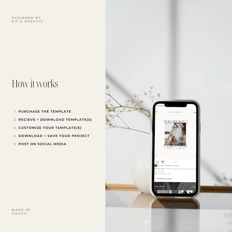 May include: A white smartphone mockup displaying a social media post with the text "NOW BOOKING FAMILY SESSIONS JANUARY - APRIL" on a white table with white flowers.