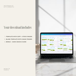 May include: A laptop screen displaying a Canva design template with a green field and blue sky background. The text on the screen reads "Your download includes: 1. Template with copy + stock images 2. Blank template with image frames 3. Bonus - Canva basics guide".