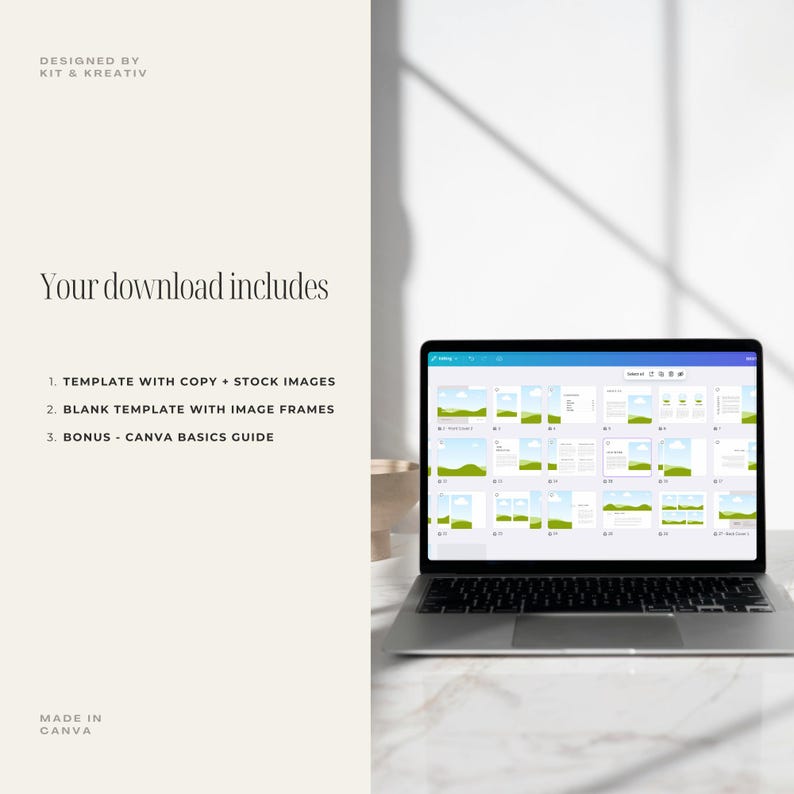 May include: A laptop screen displaying a Canva design template with a green field and blue sky background. The text on the screen reads "Your download includes: 1. Template with copy + stock images 2. Blank template with image frames 3. Bonus - Canva basics guide".