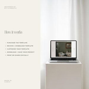 May include: A laptop computer displaying a Canva design template for a business card. The template features a green background with a white letter "B" in a circle and the text "BRIXTON" in white. The text "DESIGNED BY KIT & KREATIV" is visible at the top of the image. The text "How it works" is visible in the center of the image. The text "1. PURCHASE THE TEMPLATE" is visible below the text "How it works". The text "2. RECIEVE + DOWNLOAD TEMPLATE" is visible below the text "1. PURCHASE THE TEMPLATE". The text "3. CUSTOMIZE YOUR TEMPLATE" is visible below the text "2. RECIEVE + DOWNLOAD TEMPLATE". The text "4. DOWNLOAD + SAVE YOUR PROJECT" is visible below the text "3. CUSTOMIZE YOUR TEMPLATE". The text "5. PRINT OR SHARE DIGITALLY" is visible below the text "4. DOWNLOAD + SAVE YOUR PROJECT". The text "MADE IN CANVA" is visible at the bottom of the image.