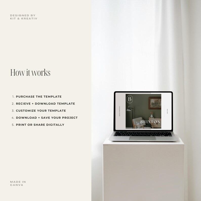 May include: A laptop computer displaying a Canva design template for a business card. The template features a green background with a white letter "B" in a circle and the text "BRIXTON" in white. The text "DESIGNED BY KIT & KREATIV" is visible at the top of the image. The text "How it works" is visible in the center of the image. The text "1. PURCHASE THE TEMPLATE" is visible below the text "How it works". The text "2. RECIEVE + DOWNLOAD TEMPLATE" is visible below the text "1. PURCHASE THE TEMPLATE". The text "3. CUSTOMIZE YOUR TEMPLATE" is visible below the text "2. RECIEVE + DOWNLOAD TEMPLATE". The text "4. DOWNLOAD + SAVE YOUR PROJECT" is visible below the text "3. CUSTOMIZE YOUR TEMPLATE". The text "5. PRINT OR SHARE DIGITALLY" is visible below the text "4. DOWNLOAD + SAVE YOUR PROJECT". The text "MADE IN CANVA" is visible at the bottom of the image.