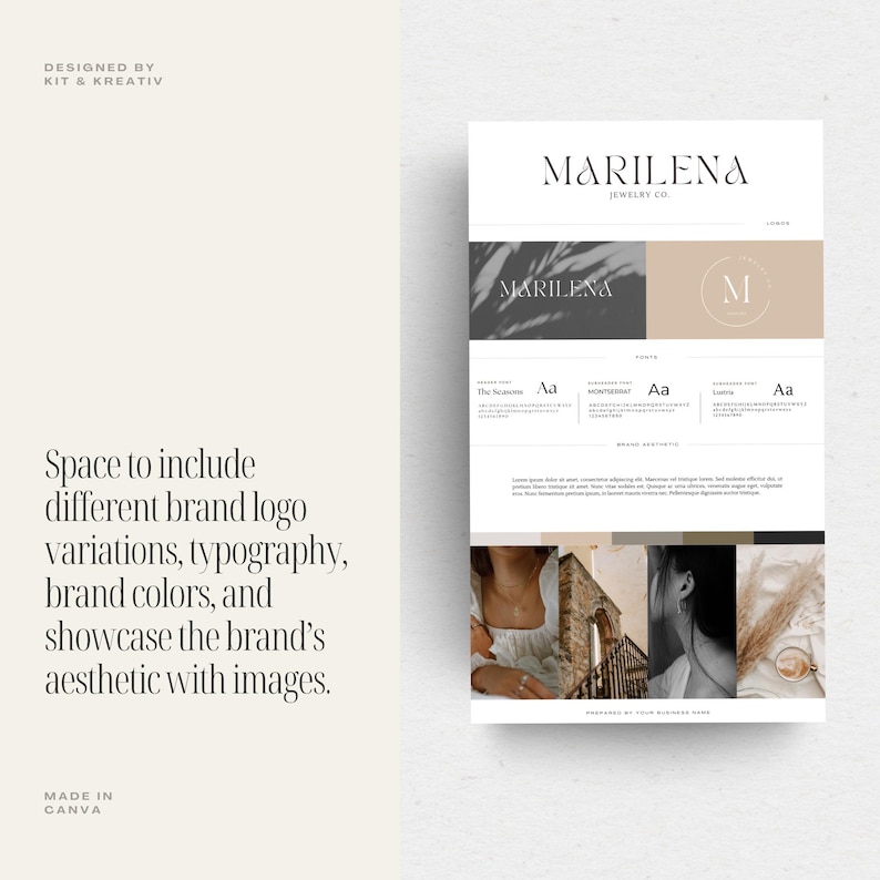 May include: A brand identity guide for a jewellery company called "Marilena Jewellery Co.". The guide includes a logo, typography, colour palette, and images.