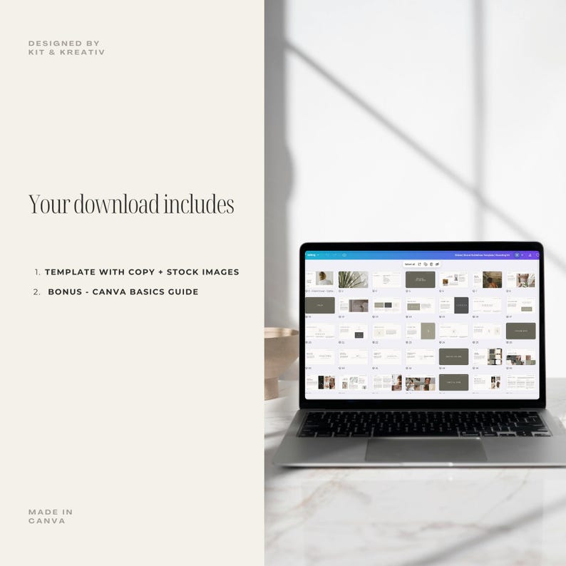 Peut inclure: Un &eacute;cran d'ordinateur portable affichant un mod&egrave;le de pr&eacute;sentation Canva avec un fond gris clair et des bo&icirc;tes de texte gris fonc&eacute;. Le texte &agrave; l'&eacute;cran indique "TEMPLATE WITH COPY + STOCK IMAGES" et "BONUS - CANVA BASICS GUIDE". Le texte "DESIGNED BY KIT & KREATIV" et "MADE IN CANVA" est &eacute;galement visible &agrave; l'&eacute;cran.