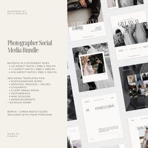 May include: A set of 68 social media post templates for photographers, featuring a variety of layouts and designs. The templates are designed to be used on Instagram, Facebook, and other social media platforms. The templates include a variety of text elements, such as "Currently Editing", "Giveaway", and "Consultation".