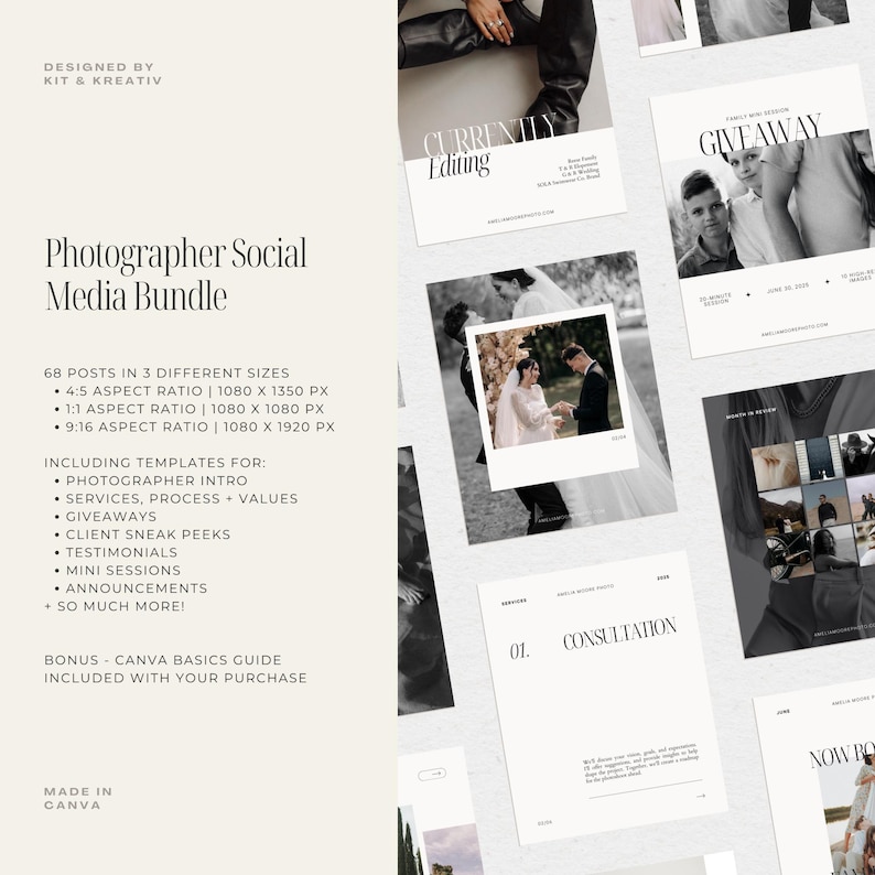 May include: A set of 68 social media post templates for photographers, featuring a variety of layouts and designs. The templates are designed to be used on Instagram, Facebook, and other social media platforms. The templates include a variety of text elements, such as "Currently Editing", "Giveaway", and "Consultation".