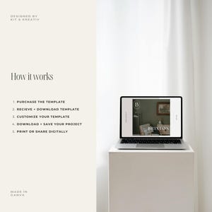 May include: A laptop computer displaying a Canva template with the text "BRIXTON" and a letter "B" in a circle. The text "DESIGNED BY KIT & KREATIV" is at the top of the image. The text "How it works" is in the center of the image. The text "1. PURCHASE THE TEMPLATE 2. RECIEVE + DOWNLOAD TEMPLATE 3. CUSTOMIZE YOUR TEMPLATE 4. DOWNLOAD + SAVE YOUR PROJECT 5. PRINT OR SHARE DIGITALLY" is below the text "How it works". The text "MADE IN CANVA" is at the bottom of the image.