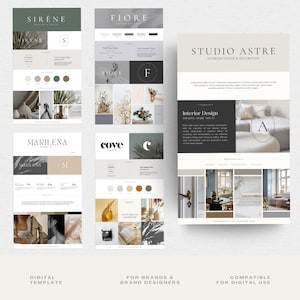 May include: A digital template for branding and design featuring a variety of colour palettes, fonts, and logos. The template includes the names "Sirene", "Fiore", "Marilena", "Cove", and "Studio Astre".