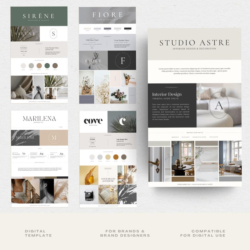 May include: A digital template for branding and design featuring a variety of colour palettes, fonts, and logos. The template includes the names "Sirene", "Fiore", "Marilena", "Cove", and "Studio Astre".