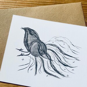 Kunstkarte A6 – expressive Kohlezeichnung mit Vogel Motiv | Körper in Bewegung | mit Kraftpapierumschlag
