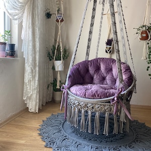 Gray Macrame Swing Chair,Macrame Swing Hammock,Hangesessel,Macrame Handmade Swing,Macrame Hanging Chair,Gray Carpet,Handmade Crochet Carpet