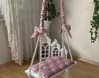 Boho White Wooden Adult Swing: Indoor Rope Macrame Swing