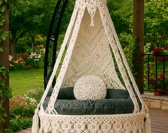 Silla colgante de macramé hecha a mano: Columpio bohemio para exterior con cojín, regalo de inauguración, regalo de Navidad