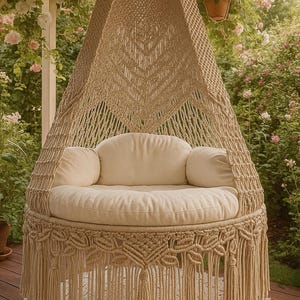 May include: A beige macrame hanging chair with a round seat and back cushions. The chair has a fringed skirt and is suspended from a woven canopy. The chair is placed on a round, cream-colored rug.