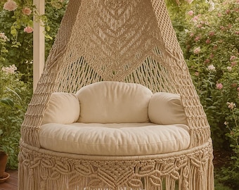 Hamaca colgante de macramé bohemio de 107 cm, hecha a mano, ideal para interiores, regalo de inauguración de la casa, acogedora silla de salón, decoración bohemia, hamaca bohemia.