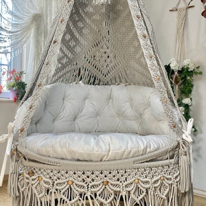 Double Gray Macrame Swing,Macrame Swing,Patio Rocking Chair,Double Hammock,Housewarming gifts,White cushioned Swing,Garden and patio Hammock