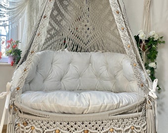 Double Gray Macrame Swing,Macrame Swing,Patio Rocking Chair,Double Hammock,Housewarming gifts,White cushioned Swing,Garden and patio Hammock