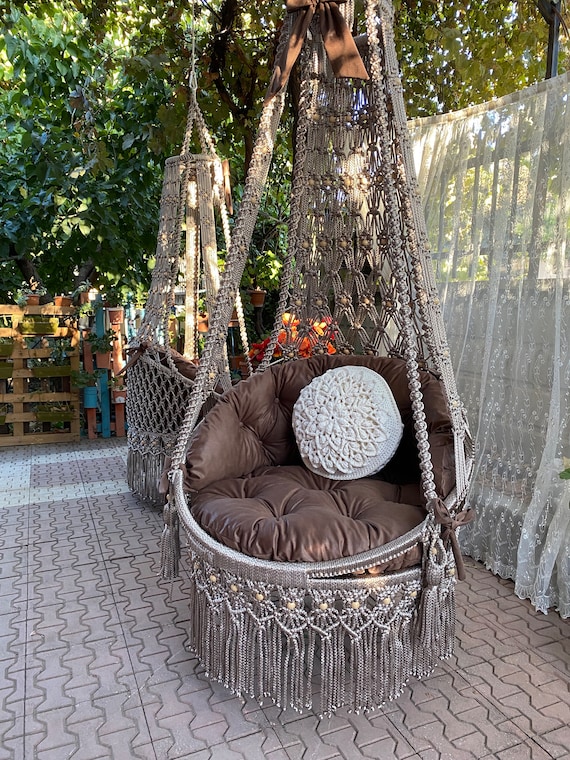 Macrame Hammock Chair,Brown Cushioned Macrame Swing,hanging Swing  Chair,Macrame Hammock,Housewarming Gift,Hammock Swing Chair,Gift Decor