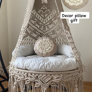 Bohemian Macrame Swing,Hanging Chair for Stand or Ceiling,Beige Hammock, Porch Swing,Housewarming Gift, Adult Round Chair,Boho Macrame Chair