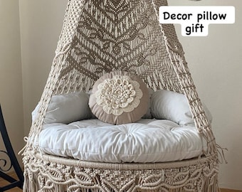 Boho makramégunga, hängande stol för stativ eller tak, beige hängmatta, verandagunga, inflyttningspresent, rund stol för vuxna, boho makraméstol
