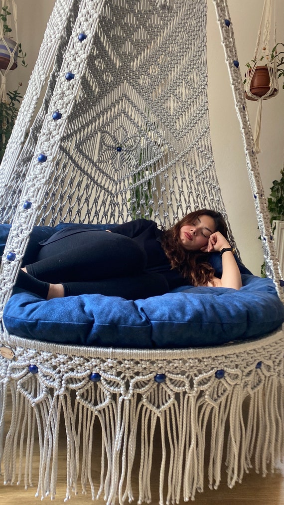 Double Gray Macrame Swing,Macrame Swing,Patio Rocking Chair,Double Hammock,Housewarming gifts,Blue cushioned Swing,Garden-patio Hammock