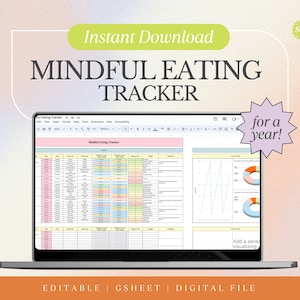Może przedstawiać: Laptop wyświetlający arkusz kalkulacyjny Google zatytułowany "Mindful Eating Tracker". Arkusz jest drukowalnym trackerem na rok, z kolumnami dla daty, godziny, posiłku, jedzenia, poziomu głodu, nastroju i innych szczegółów. Arkusz zawiera również wykres i wykres kołowy. Tekst "for a year!" znajduje się w różowej formie gwiazdy. Tekst "EDITABLE | GSHEET | DIGITAL FILE" znajduje się na dole obrazu.