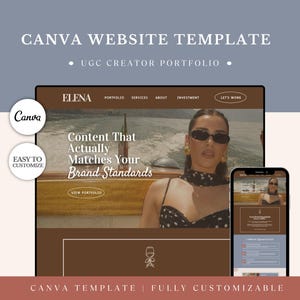 Könnte beinhalten: Eine Website-Vorlage, die auf einem Laptop und Smartphone angezeigt wird. Die Vorlage hat ein braunes und weißes Farbschema mit dem Text "ELENA" und "Content That Actually Matches Your Brand Standards." Das Canva-Logo ist ebenfalls sichtbar.