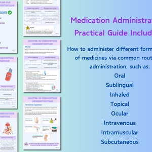 May include: A colorful infographic titled "Medication Administration Practical Guide Includes:"  explains how to administer different formulations of medicines via common routes of administration, such as oral, sublingual, inhaled, topical, ocular, intravenous, intramuscular, and subcutaneous.