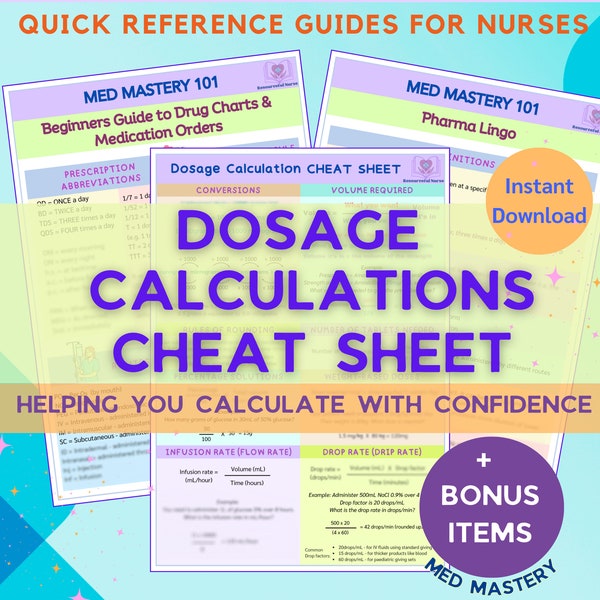 Medication Dosage Calculations Cheat Sheet | Drug Calculation Formulas | Student Nurse | Nursing Notes | Pharmacology | Digital Download