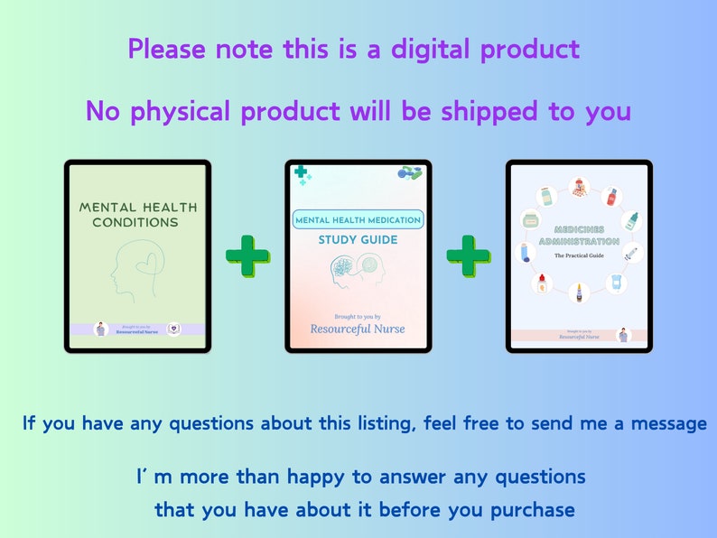 May include: Three digital study guides for mental health professionals. The guides cover mental health conditions, medication administration, and medication study. The guides are in a digital format and are available for download.