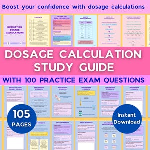 Könnte beinhalten: Ein rosa und gelber Studienführer mit dem Titel "Dosage Calculation Study Guide" und dem Text "With 100 Practice Exam Questions". Der Leitfaden umfasst 105 Seiten und steht zum sofortigen Download bereit.