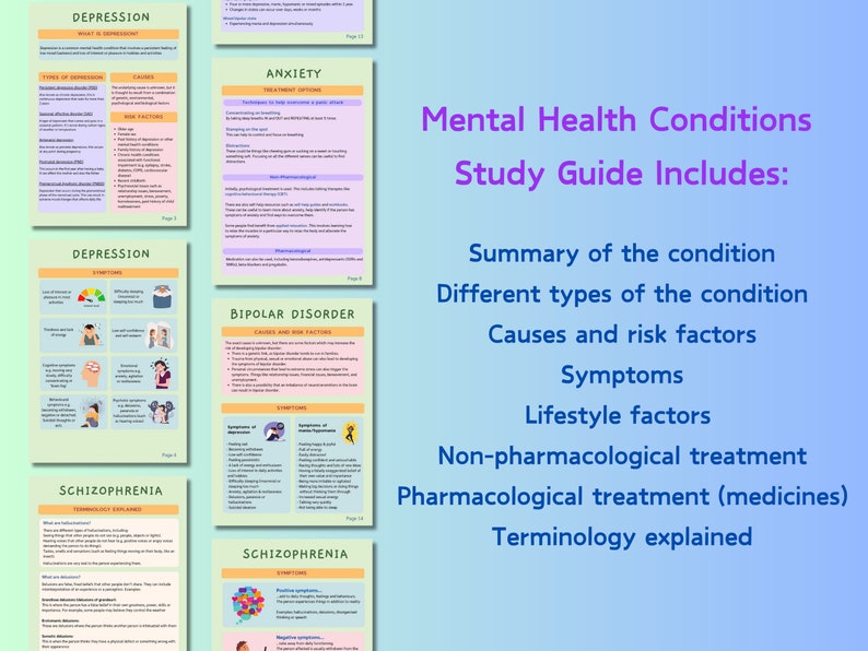 May include: A study guide for mental health conditions, including depression, anxiety, bipolar disorder, and schizophrenia. The guide includes information on the condition, different types, causes, risk factors, symptoms, lifestyle factors, non-pharmacological treatment, pharmacological treatment, and terminology.