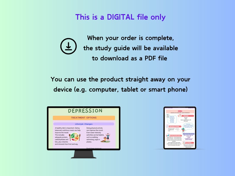 May include: A digital study guide on depression with treatment options, including lifestyle changes and a healthy diet. The guide is available as a PDF download.