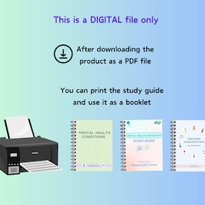 May include: A digital download of three printable study guides for mental health conditions, medication, and medication administration. The guides are designed for nurses and feature a green, blue, and pink color scheme.