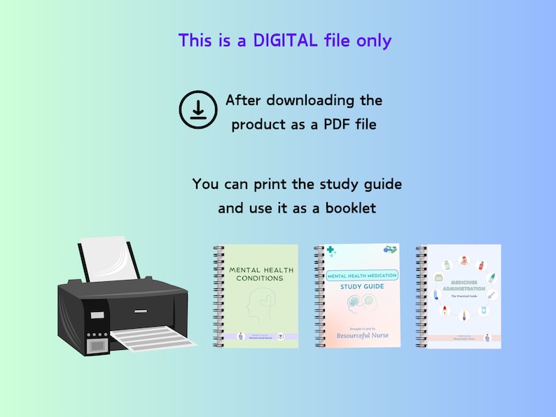 May include: A digital download of three printable study guides for mental health conditions, medication, and medication administration. The guides are designed for nurses and feature a green, blue, and pink color scheme.