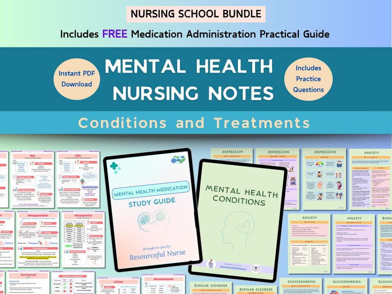 May include: A digital download bundle of mental health nursing notes for students. The bundle includes a study guide for mental health medications, a guide to mental health conditions, and practice questions. The notes are organized by condition, including depression, anxiety, bipolar disorder, and schizophrenia.