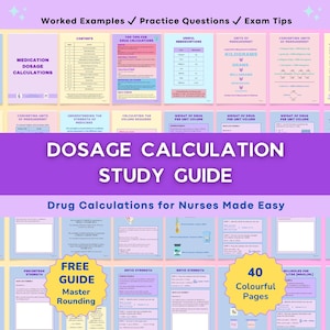 Guide d'étude sur les soins infirmiers pour le calcul de la posologie. Calculs de médicaments Feuilles d'étude en soins infirmiers. Notes d'infirmières pour étudiante infirmière. Notes d'école d'infirmières