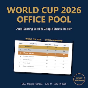 May include: A navy blue graphic with gold text that reads "WORLD CUP 2026 OFFICE POOL". Below, a leaderboard shows rankings, names, and scores. The text "Auto-Scoring Excel & Google Sheets Tracker" is also present. The image includes the text "USA Mexico Canada June 11 - July 19, 2026".