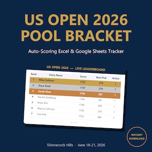 May include: A navy blue graphic with the text "US OPEN 2026 POOL BRACKET" in gold. The image includes a leaderboard with names, scores, and a call to action for an instant download. The event is at Shinnecock Hills, June 18-21, 2026.