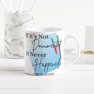 Op de afbeelding: Witte keramische mok met de tekst "If It's Not Documented It Never Happened #MedicalCoder" en een blauwe, groene, rode en witte illustratie van mappen.